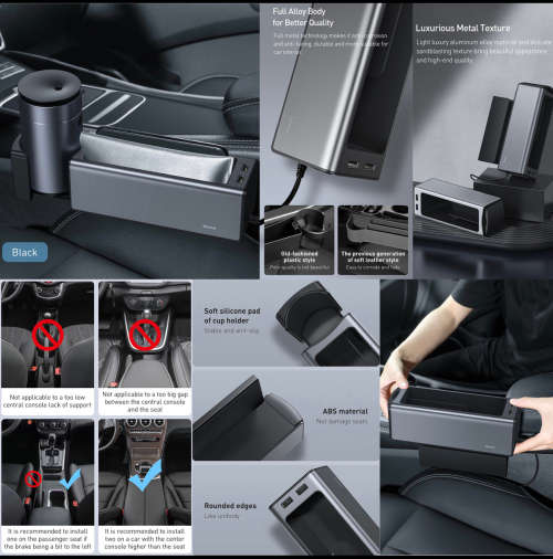 Baseus Deluxe Metal Armrest Console Organizer (Dual USB Power Supply) Black