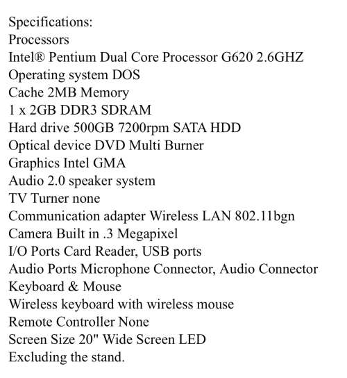 LENOVO C320 ALL IN ONE PC WITH WIRELESS MICROSOFT KEYBOARD AND MOUSE