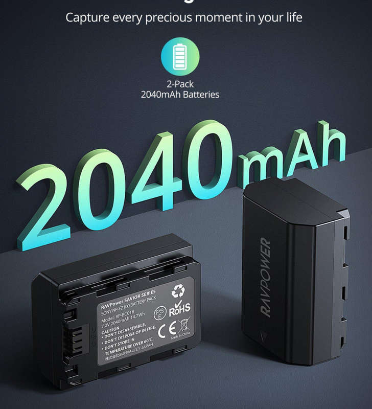 RAVPower NP-FZ100 2040mAh Camera Battery Charger Set for Sony