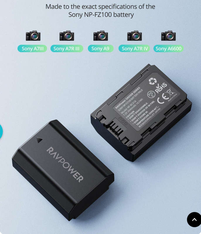 RAVPower NP-FZ100 2040mAh Camera Battery Charger Set for Sony