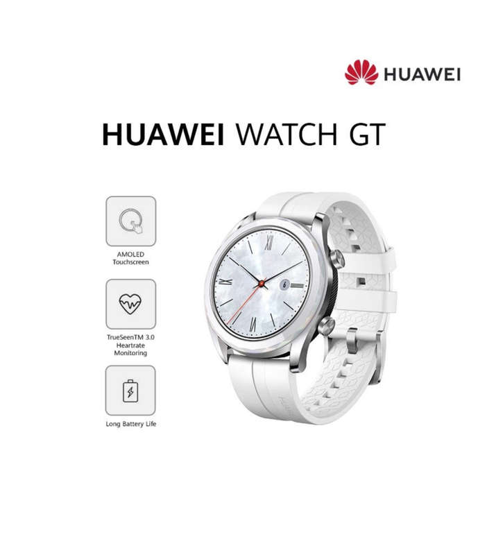 Huawei Watch GT (ELA-B19) Smart Watch 42mm BT Version, Water Proof, White Band Elegant Edition