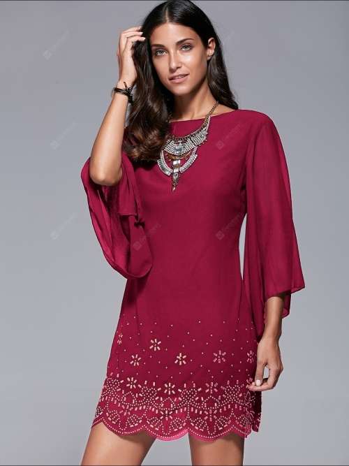 Dress - Bohemian style bell sleeve rhinestone crystal detail pattern dress - red - size medium
