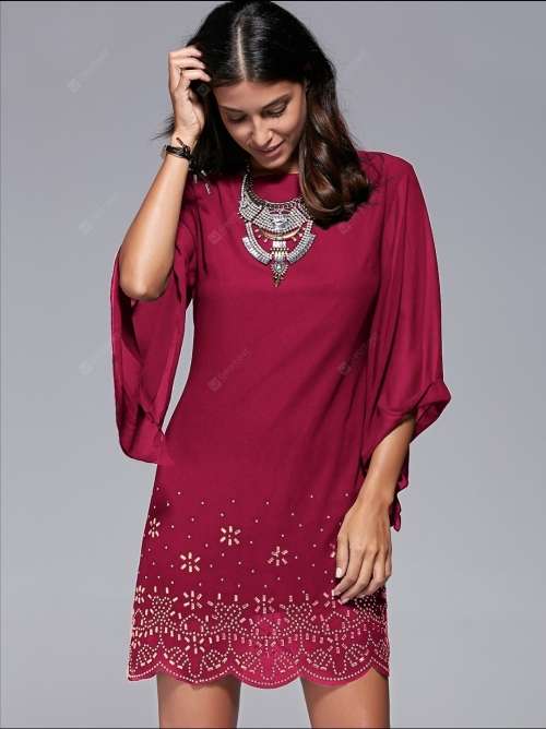 Dress - Bohemian style bell sleeve rhinestone crystal detail pattern dress - red - size medium