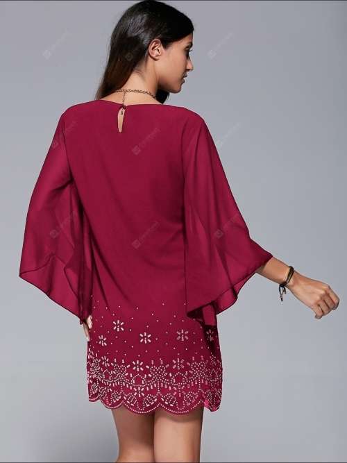 Dress - Bohemian style bell sleeve rhinestone crystal detail pattern dress - red - size medium