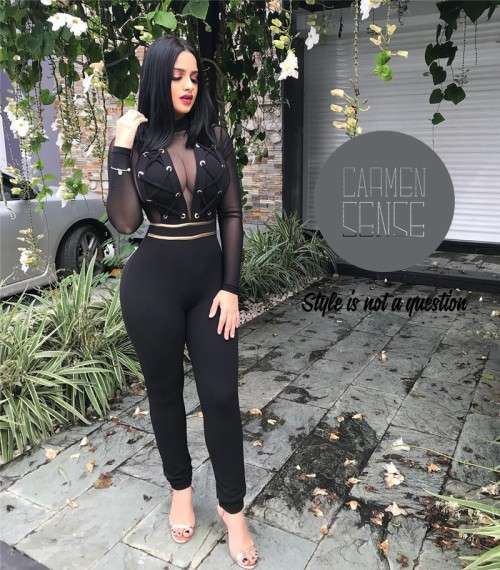 Candice - Black and gold detail sheer jumpsuit legging style, size medium to large fit