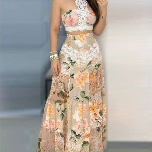 Floral and lace 2 piece halter neck maxi skirt and crop top set