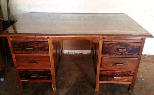 Imbuia Office desk with six drawers and removable glass top