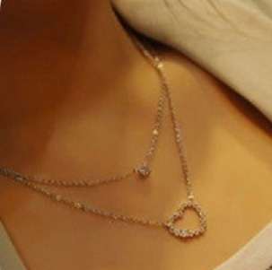 Silver Two-double Diamond Heart Clear Crystal Pendant Necklace