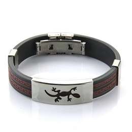 Stainless Steel Lizard Black Silicone Bangle Cuff Bracelet Wristband