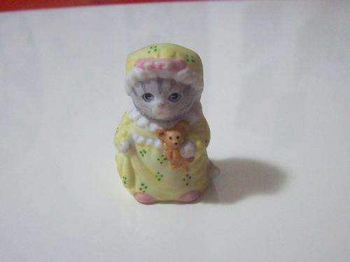 SO Cute!!!Kitten in her nightie with teddy Thimble made by SCHMID, Sri Lanka