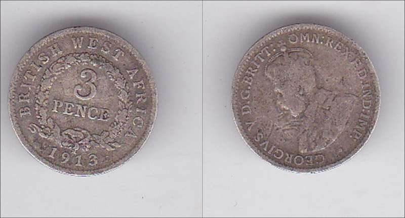 BRITISH WEST AFRICA 3 PENCE SILVER 1913