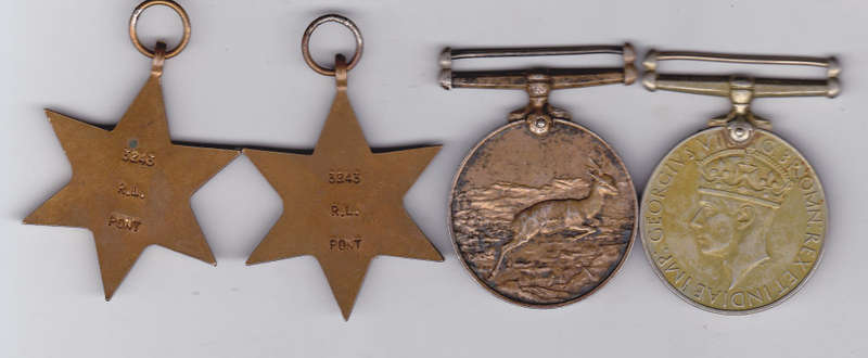 WWII GROUP OF 4 3243 R.L. PONT AFRICA SERVICE MEDAL, 39-45 WAR MEDAL, 39-45 STAR, AFRICA STAR