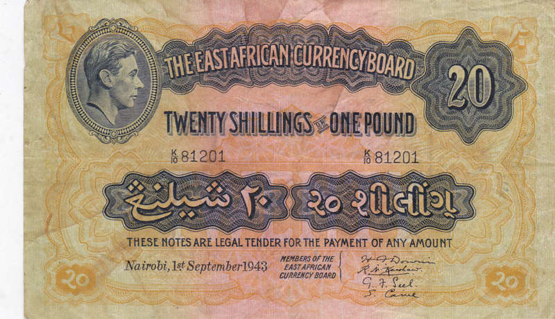 EAST AFRICA CURRENCY BOARD TWENTY SHILLINGS OR 1 POUND 1ST SEPTEMBER 1943 K10 81201