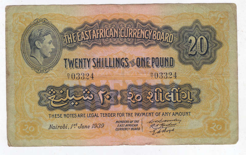 EAST AFRICA CURRENCY BOARD TWENTY SHILLINGS OR 1 POUND 1ST JUNE 1939 D703324