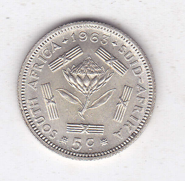 SOUTH AFRICA 5 CENTS 1963 SILVER EF