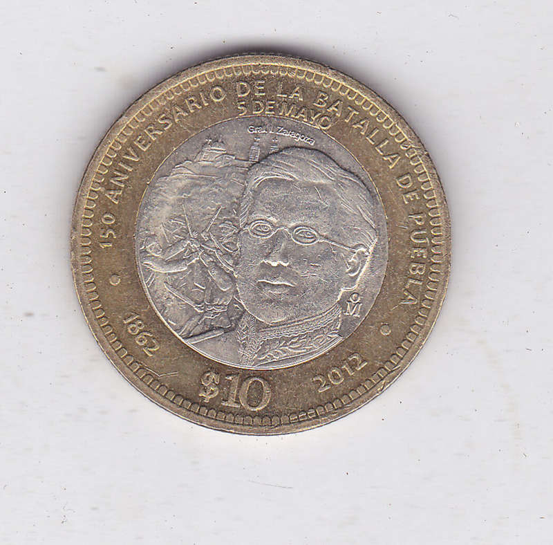 MEXICO $10 150TH ANNIVERSARY BATTLE OF PUEBLA BI METAL EXTRA FINE 2012