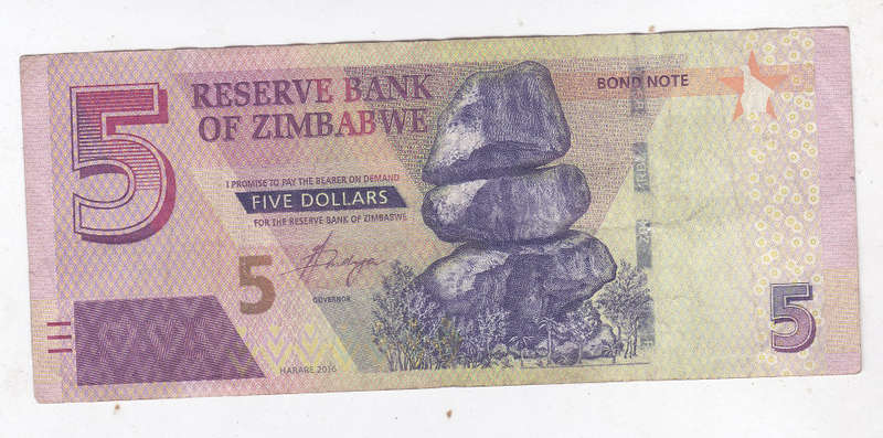 ZIMBABWE 5 DOLLAR BOND NOTE 2016 FV=R62