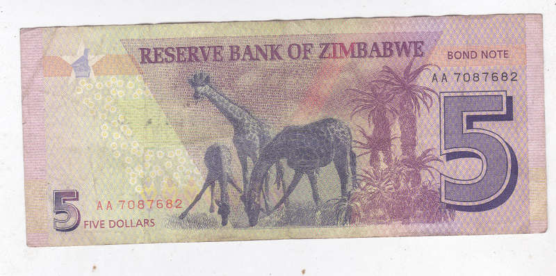 ZIMBABWE 5 DOLLAR BOND NOTE 2016 FV=R62