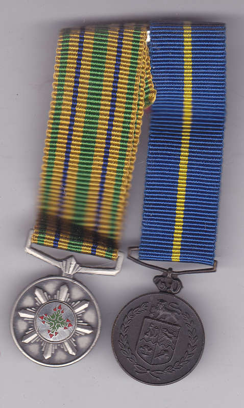 PAIR POLICE MINIATURE SILVER STAR & MEDAL FOR FAITHFULL SERVICE MOUNTED AS WORN