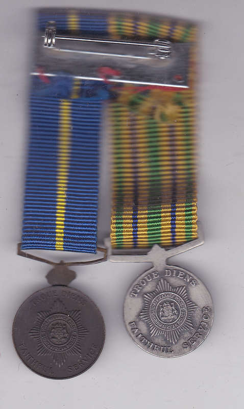 PAIR POLICE MINIATURE SILVER STAR & MEDAL FOR FAITHFULL SERVICE MOUNTED AS WORN
