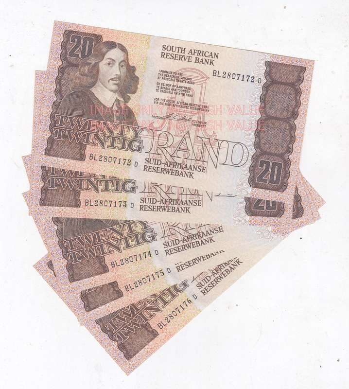 SOUTH AFRICA STALS 1990 R20 X 5 CONSECUTIVE NOTES UNC BL2807172D-76