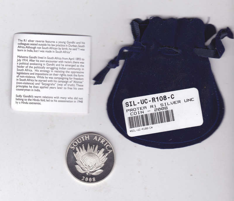 SOUTH AFRICA PROTEA R1 UNC GANDHI 2008 WITH C.O.A ANS MINT POUCH