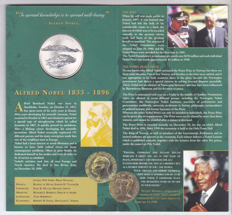 MANDELA 1 oz SILVER ROBBEN ISLAND IN GREEN FOLDER -MINT OF NORWAY