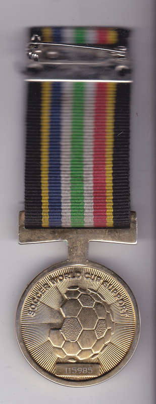 SOUTH AFRICA SAPS SOCCER WORLD CUP 2010 SUPPORT MEDAL - MOUNTED AS WORN