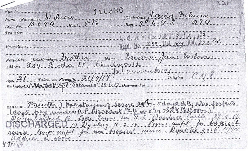 WW1 BRITISH WAR MEDAL PTE. D.N. WILSON- EAST AFRICA + GERMANY- MALARIA