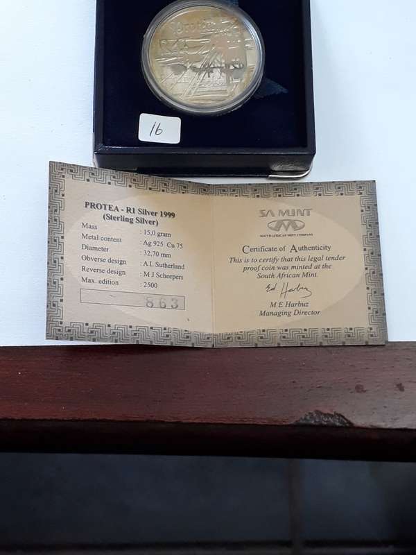 SOUTH AFRICA PROOF MINING 1999 PROTEA SILVER R1 WITH COA AND BOX