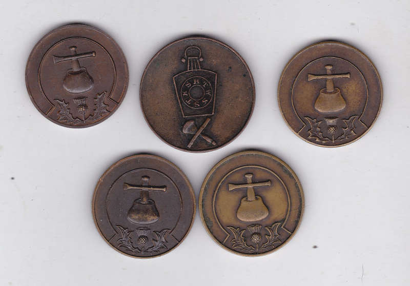 MASONIC PENNIES X 5 - "THEY RECEIVED EVERY MAN A PENNY"