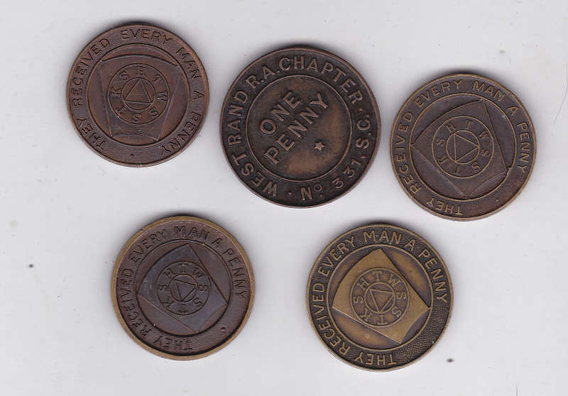 MASONIC PENNIES X 5 - "THEY RECEIVED EVERY MAN A PENNY"