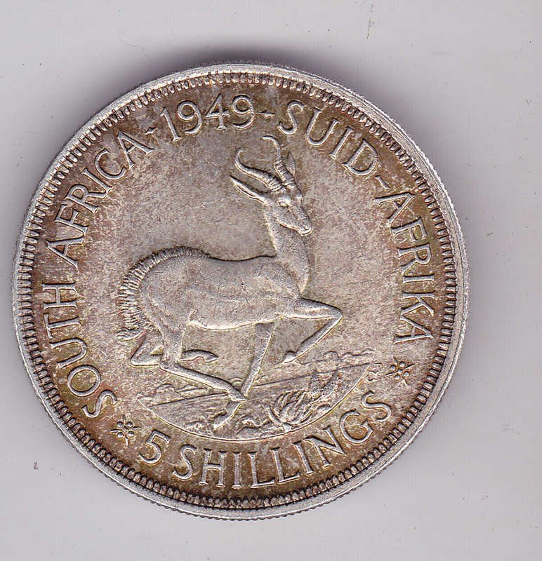 SOUTH AFRICA FIVE SHILLINGS 1949 HIGH GRADE .800 SILVER