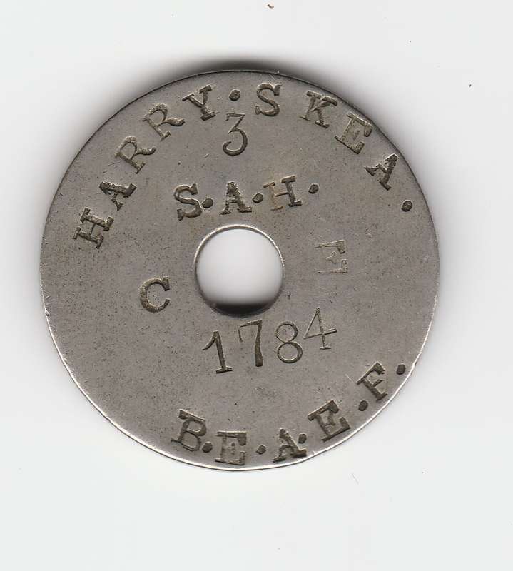 WW1 3 S.A.H - HARRY SKEA- B.E.A.E.F-  ID TAG - MADE ON 10 CENT UGANDA PROTECTORATE 1912 COIN