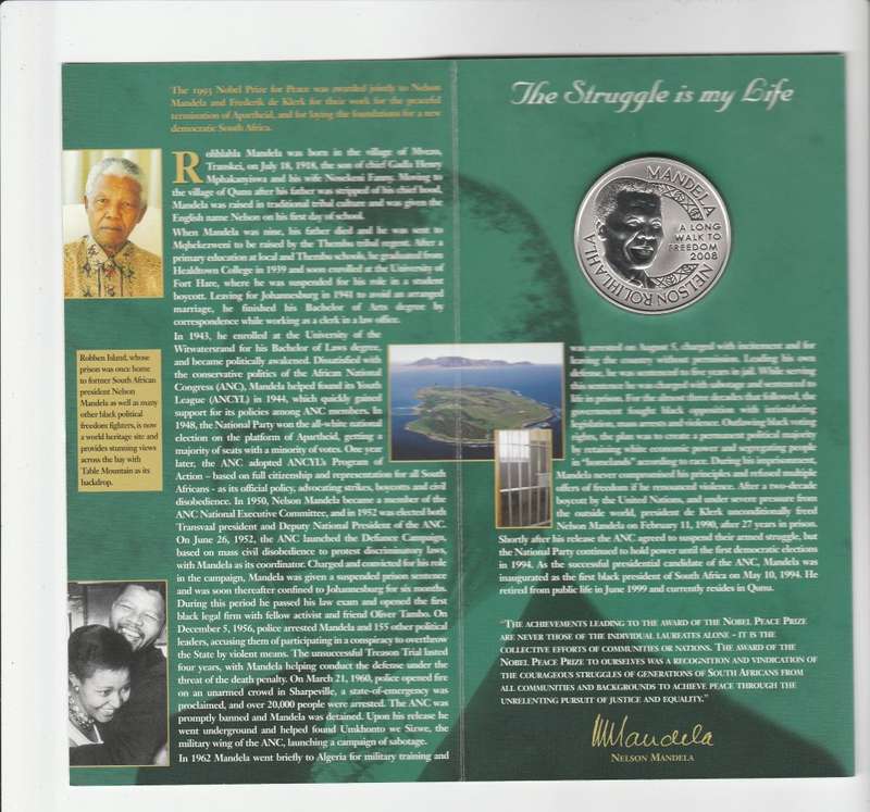 MANDELA ROBBEN ISLAND SILVER 1 OZ NOBEL COMMEMORATIVE MINT OF NORWAY IN FOLDER
