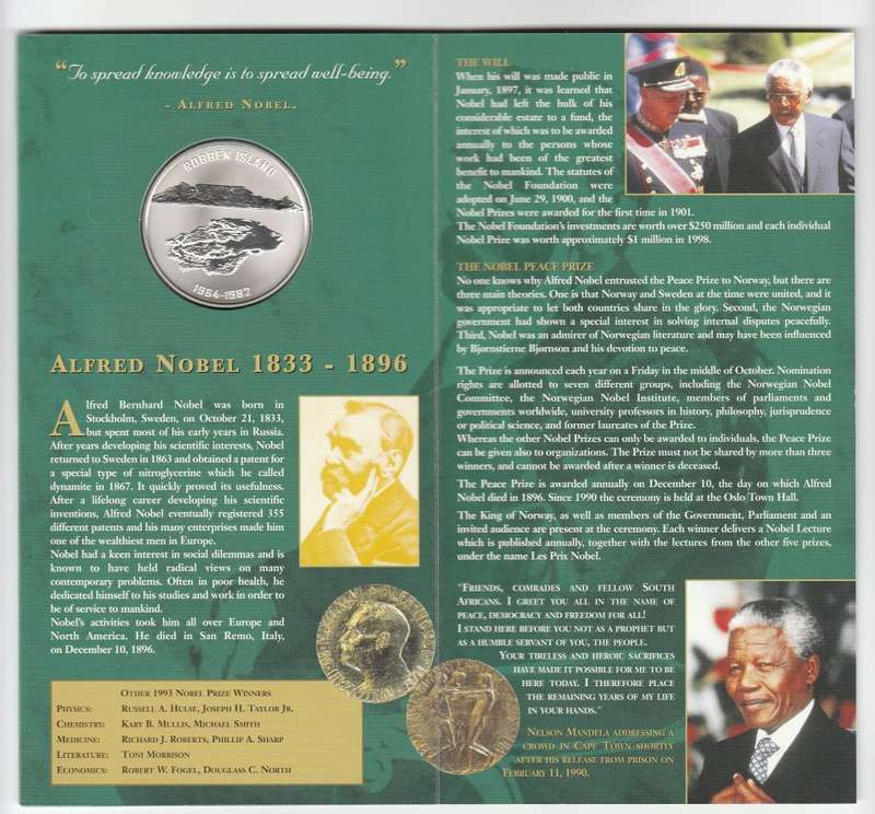 MANDELA ROBBEN ISLAND SILVER 1 OZ NOBEL COMMEMORATIVE MINT OF NORWAY IN FOLDER