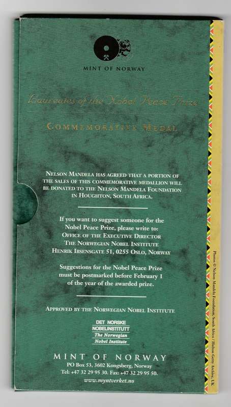 MANDELA ROBBEN ISLAND SILVER 1 OZ NOBEL COMMEMORATIVE MINT OF NORWAY IN FOLDER