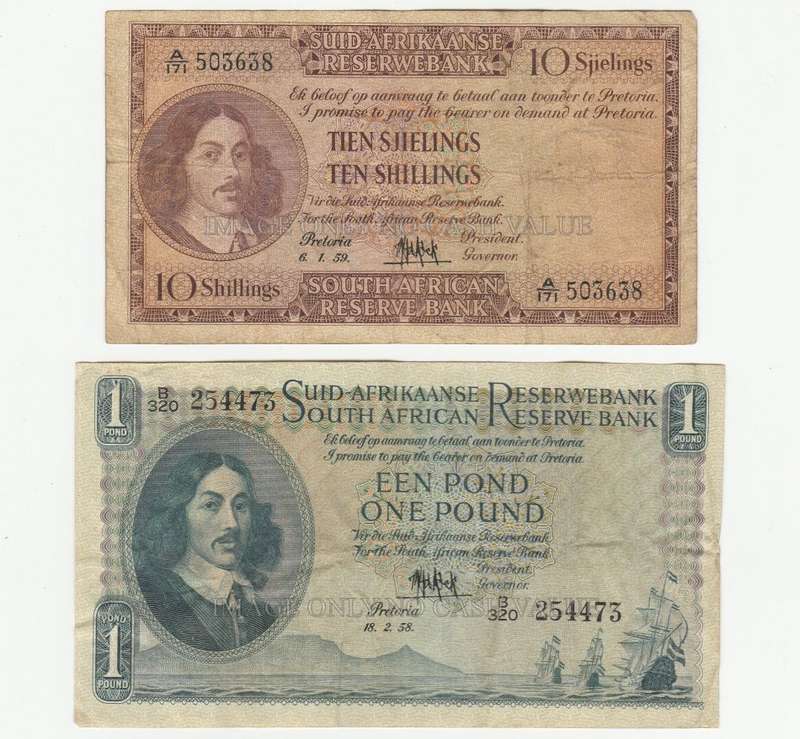 SOUTH AFRICA MH DE KOCK SET 10 SHILLINGS, 1 POUND, 5 POUND 10 POUNDS - 1953-59 3rd ISSUE