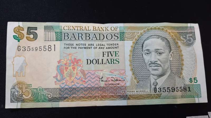 BARBADOS 5 DOLLARS SIR FRANK WORRELL FACE VALUE R36.88