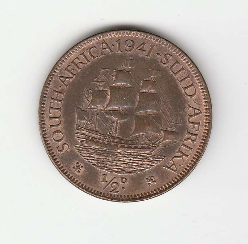 SOUTH AFRICA HALF PENNY 1941 UNC TRACES OF RED LUSTER