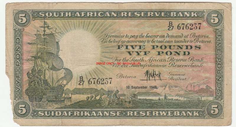 SOUTH AFRICA 5 POUNDS 1946 DE KOCK