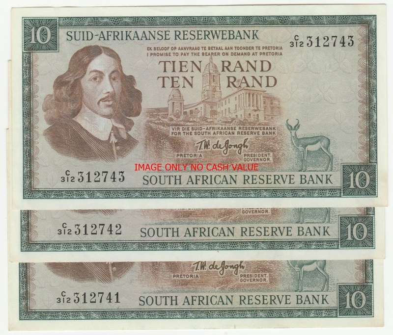 SOUTH AFRICA R10 DE JONGH 1975 X 3 CONSECUTIVE NUMBERS XF- AUNC