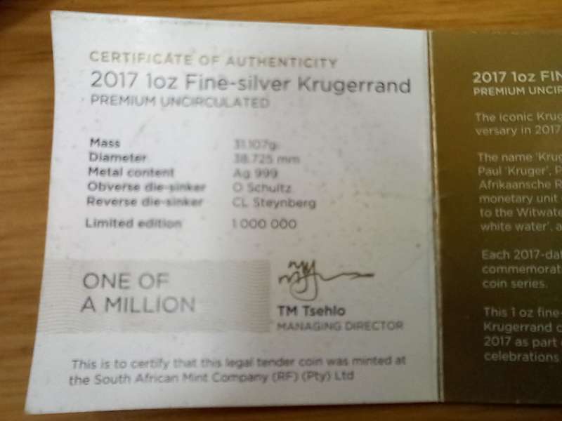 SOUTH AFRICA SILVER KRUGER RAND PROOF - 2017 - OUNCE IN POUCH WITH CERT OF AUTHENTICITY