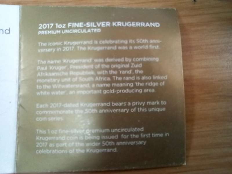 SOUTH AFRICA SILVER KRUGER RAND PROOF - 2017 - OUNCE IN POUCH WITH CERT OF AUTHENTICITY