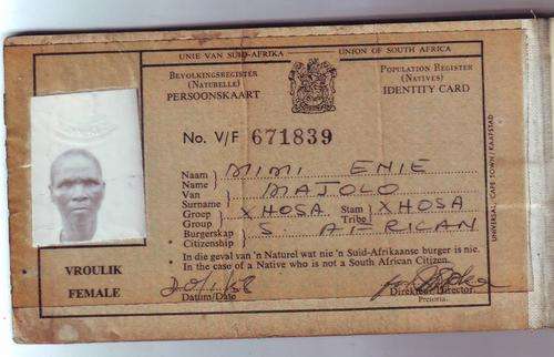 REFERENCE BOOK NO V/F 671839 MIMI ENIE MAJOLO XHOSA S/AFRICAN ISSUED 20/1/58