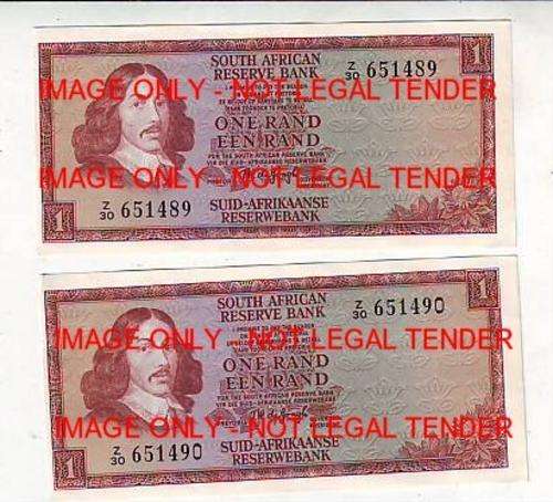 SOUTH AFRICAN ONE RAND REPLACEMENTS T.W. DE JONGH CONSECUTIVE NUMBERS Z 30 651489/Z 30 651490