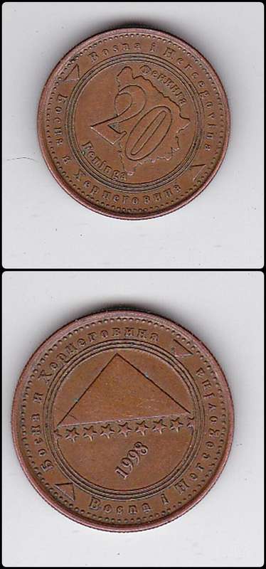 B0SNIA AND HERSGOVINA 20 FENINGA 1998
