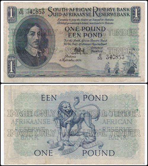 ONE POUND M.H. DE KOCK 4 SEPTEMBER 1950 B55 340853 SECOND ISSUE