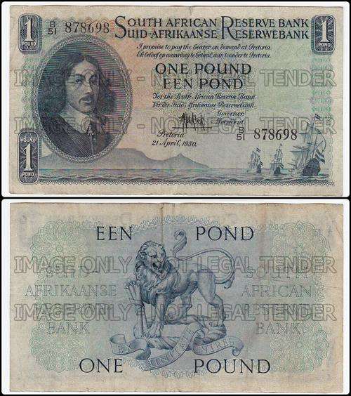 SOUTH AFRICA ONE POUND DE KOCK B51 878698 21 APRIL 1950 SECOND ISSUE