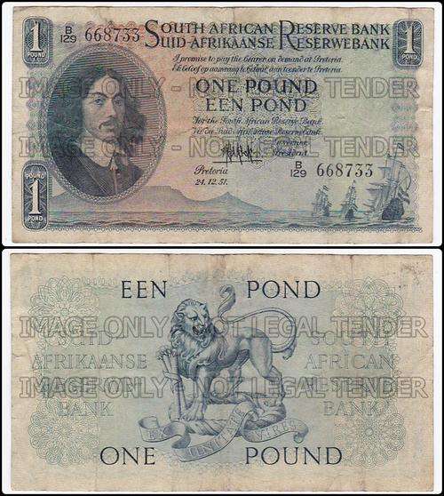 ONE POUND M.H. DE KOCK 24.12.51 B129 668733 THIRD ISSUE